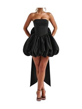 Strapless Black Bubble Hem Cocktail Dress with Large Bow and Train